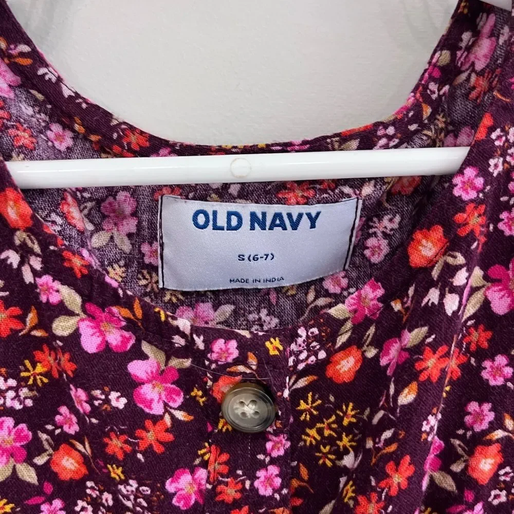 Old Navy girls size S 6-7 Burgundy Ditsy Floral button front puff sleeve dress
